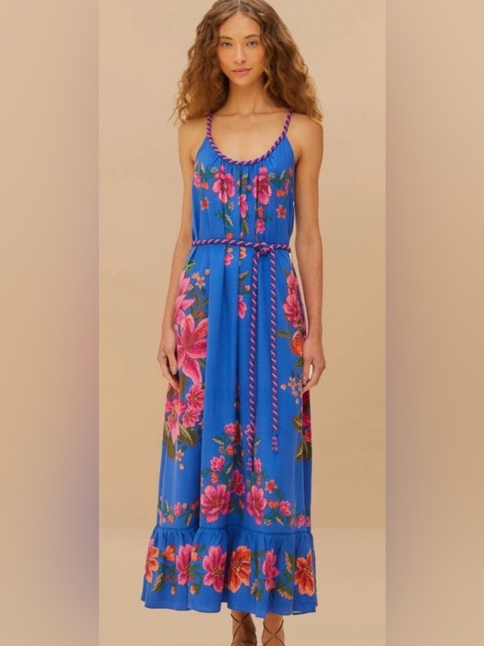 FARM Rio Blue Floral Braided Rope Tie LENZING™ ECOVERO Euroflax Maxi Dress XL - Picture 1 of 5